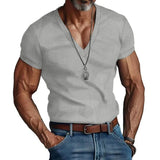 Nukty Men's Corduroy T European and American Summer Men's Clothing V-neck Solid Color Slim Fit Casual T-shirt Short Sleeved Top