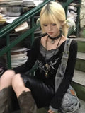 Nukty  Punk Harajuku Striped T Shirts Black Y2K Vintage Gothic Graphic Patchwork Top Grunge Retro Patchwork Street Long Sleeve Tees