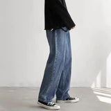 Nukty New Men Casual Long Jeans Fashion Classic Male Loose Straight Wide Leg Denim Pants Solid Color Light Blue Grey Black 3XL