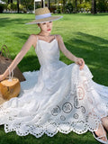 Nukty Elegant Hollow Out Womens Dresses French Style Spaghetti Strap Evening Party Dress Summer Female A-line Chic Vestidos Long Robe