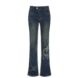 Nukty  Y2K Low Rise Flare Jeans for Woman Streetwear Aesthetic Print Jean Pants Vintage Washed Denim Trouser Grunge Fairycore