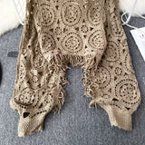 Nukty Bohimian Sweater Women O-neck Lantern Sleeve Tassel Female Causal Crochet Tops Ladies Knitted Hollow Out Sweaters Dropshipping