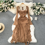 Nukty Double Layer Mesh Dress Spaghetti Strap Slim Bandage Sexy Bodyon Dress Backless Autumn Winter Dresses With Lining