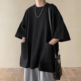 Nukty Japanese street fashion Men Solid Color Top Men's Summer Streetwear T-shirt with Pockets Loose Fit Solid Color Top Plus Size Half Sleeves for Outdoor
