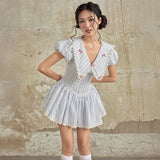 Nukty Korean Sexy Stripe Printed Summer Mini Dress Women's 2025 Y2K Puff Sleeve V-neck A line Dresses Casual Preppy Vestidos