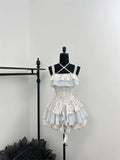 Nukty Summer Women Korean Vintage Ballet Core 2000s Party Rave Y2k Outfits 2 Piece Set Mori Girl Floral Fairy Dress + Cute Mini Shorts