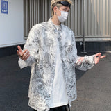 Nukty Fashion Hollow out Printed Shirt Men Long Sleeve Transparent Casual Loose Tops Streetwear Lapel Tops Sun-proof Clothing