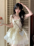 Nukty Kroean Y2K Yellow Preppy Style Cake Dress Puff Sleeves Mesh Ball Gown Ruffles Mini Woman Dresses Abend Kleider Spring Summer New