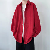 Nukty Pineapple Velvet Men's Casual Long Sleeve Button Shirt Coat Outwear Autumn Turn Down Collar Oversize Shirts Red/Black/Dark Gray