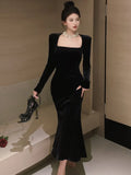 Nukty Elegant Solid Velvet Mermaid Dress for Women Vintage Chic Square Collar Bodycon Evening Party Dresses Female Slim Vestidos Mujer