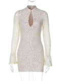 Nukty Lace Hollow Out Long Sleeve Sexy Mini Dress For Women Fashion Half High Collar Bodycon Club Party Dress Elegant Dresses