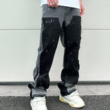 Nukty Streetwear Speckled Ink Color Match Y2K Baggy Jeans for Men Patchwork Rage Fringe Micro Denim Trousers Oversized Loose Cargos