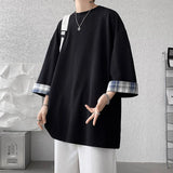 Nukty  men t shirts Summer Men's T-shirts Women Oversized 2XL Korean Style Loose Plaid T-shirt Casual Seven sleeves T-Shirt Male White