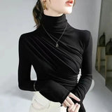 Nukty High Neck Slim Folded T-Shirt & Blouses Trend New Basic Autumn Solid Elegant Office Lady Casual All-Match Long Sleeve Top
