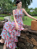 Nukty Summer  Floral Neck Halter Dresses Women New French High Waisted Cake Dress Beautiful Romantic Flowers Vestido