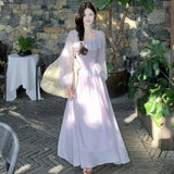 Nukty Elegant French Romantic Ruffles Chiffon Purple Women's Dresses Square-Collar Slim Wasit Long Sleeves  korean Dress Vacation New