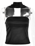 Nukty Elegant Women's Autumn Halter Hollow Out Satin Backless Cropped Tops Strapless Skinny Vest Party Clubwear Clothing