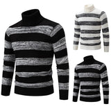 Nukty Autumn Winter Fashion Stripe Sweaters High Neck Long Sleeve Thermal Pullovers Male Slim Pullover Stretch Knit Sweaters 3XL-S