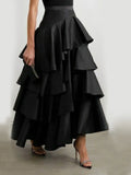 Nukty Women's High Waist Layered Ruffle Maxi Cake Skirt Elegant Party Wedding Guest Y2K Solid Vintage Black Solid A Line Skirts
