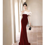 Nukty DRESS TO IMPRESS Wine Red Velvet Prom Dress Elegant Ruched Off Shoulder Engagement Dresses luxurious Mermaid Floor -Length Formal Banquet Gown