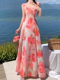 Nukty Women Sweet Pink Floral Elegant Sleeveless Ruffled Edges Slip Dresses Summer Romantic Bohemian Sexy Birthday Evening Party Dress