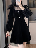 Nukty Elegant Black Velvet Mini Dress for Women Long Sleeve Bodycon Evening Dresses Korean Fashion Autumn Mesh Patchwork Outfits New
