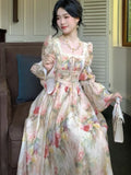 Nukty Autumn Women Painting Printed Long Dress French New Square Collar Lantern Sleeve Midi Dress Casual Lace-up Lady Vestidos Largos