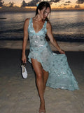 Nukty Women Fashion Irregular Ruffles Hem Long Dress Sexy High Split V-neck Backless Maxi Dresses Summer Vocation Beach Party Vestidos
