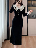 Nukty Women's Velvet Midi Dress Autumn Patchwork Long Sleeve High Waist Mermaid French Vintage Evening Party Prom Robe Vestidos New