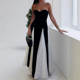 Nukty Elegant Black White Patchwork Maxi Dresses Women Fashion O-neck Sleeveless Slim Dress New Female Evening Party Robes