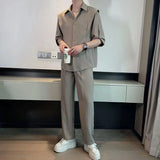 Nukty Summer Ice Silk Men's Suits Casual Short Sleeve Shirt And Pants Two-piece Set Ruffled  Handsome Draped Korean Style Loose Set