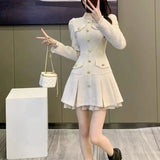 Nukty Women Spring and Autumn New Doll Neck Pleated Skirt Fashion Sweet Youth Style Solid Button Ruffle Edge Long Sleeve A-line Skirt