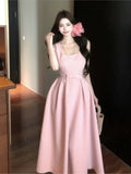 Nukty Spring Summer Elegant French Evening Women's Long Dresses Hign Wasit Sleeveless Square-Collar Plaeted Dress Prom Female Clothes