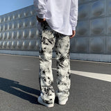 Nukty Mens Fashion Printed jeans Spring Mopping Trousers Jeans Korean Style High Street Loose Hip Hop Wide-leg Jean Pants