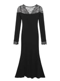 Nukty Autumn Lace Patchwork Womens Dresses Elegant V-Neck Bodycon Evening Party Mermaid Dress Slim Waist Midi Vestidos Female Clothing