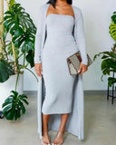 Nukty New Autumn Fashion Suit Women Solid Tube Bodycon Dress With Longline Coat Two Piece Set Casual Daily Outfits