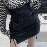 Nukty Black Leather Mini Skirts Women Gothic High Waist Slim Fit Lace-Up Pencil Skirt Female Sexy Club Back Zipper Split Bag Hip Skirt