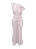 Nukty Elegant French Chic Satin Women's Dresses Solid Pleated Slim Wasit Inclined Shoulder Mermaid Dress 2025 New Summer Evening Party