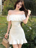 Nukty French White Ruffles Women's Short Dress Bodycon Slash-Collar Sexy Sweet Slim Fit Shoulder Party Evening Dresses Summer New