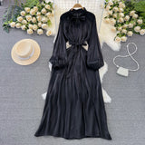 Nukty Frenchic Vintage Long Dress Women Lace-up Bow Collar Lantern Sleeve Female Vestidos De Mujer Spring Elegant Dresses