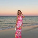 Nukty Elegant Flower Print V-neck Pleated Maxi Dress Women Sexy Backless Sleeveless Slim Robes Casual Vocation Beach Party Vestidos
