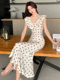 Nukty Summer Dot Ruffles Evening Dresses Elegant Sleeveless Bodycon Mermaid Party Long Dress Korean Slim Waist Vestidos New Outfits