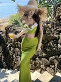 Nukty Summer Elegant Solid Skirt Suits Sexy Spaghetti Strap Floral Top + Slim Waist Long Skirt Holiday Beach Womens Two Pieces Set New