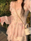 Nukty Korean Print Ruffles Pink Mini Dress Slim Wasit Fairy Puff Sleeve Ball-Gown Square-Collar Vestidos Summer Chic New Clothes