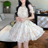 Nukty Summer Sweet Lolita Style Fairy Dress Women Cute Peter Pan Collar Floral Ruffles Princess Dresses Female Chic Vacation Vestidos