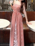 Nukty French Plaid Spliced Lace Strapless Dress Women's Spring Summer New Retro Waist Hugging Design Niche Long  Vestidos New