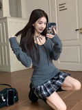 Nukty DRESS TO IMPRESS Autumn Knit Vintage Elegant 3 Piece Sets Women Aesthetic Elegant V-neck Sweater + Lace Casual Vest + Plaid Chic Skirt New