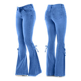 Nukty Sexy Mid Waisted Stretch Flared Pants Women Slim Fit Denim Jeans Wide Leg Casual Korean Style Skinny Bell Bottom Pocket Trousers