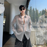 Nukty Transparent Mesh Shirt Hollow Out Jacket Personality Breathable Youth Fashion Long Sleeve Tops Men Lapel Party Clubwear