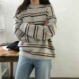 Nukty Women Pullovers Crew-Neck Knitted Jumper New Student Striped Sweater Aesthetic  Outfit